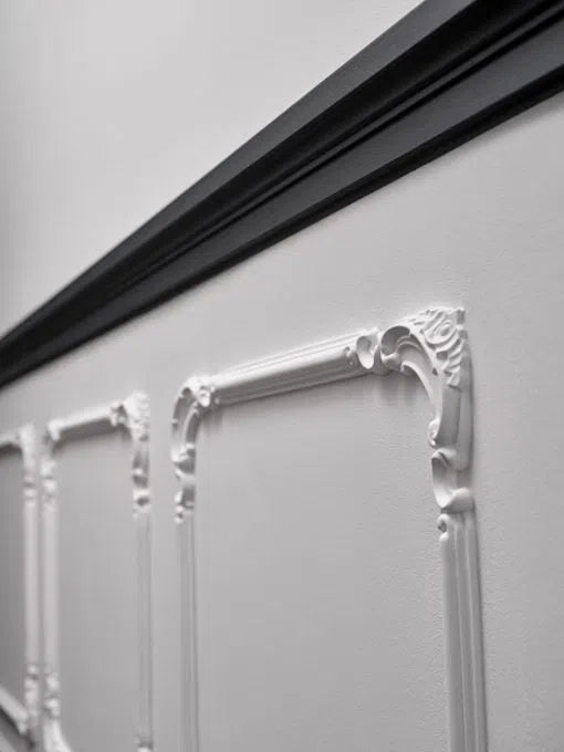 WL4 2M WALLSTYL ARCHITRAVE / DADO RAIL - Dado Rail with decorative panels on white wall with black trim | DecorMania UK 
