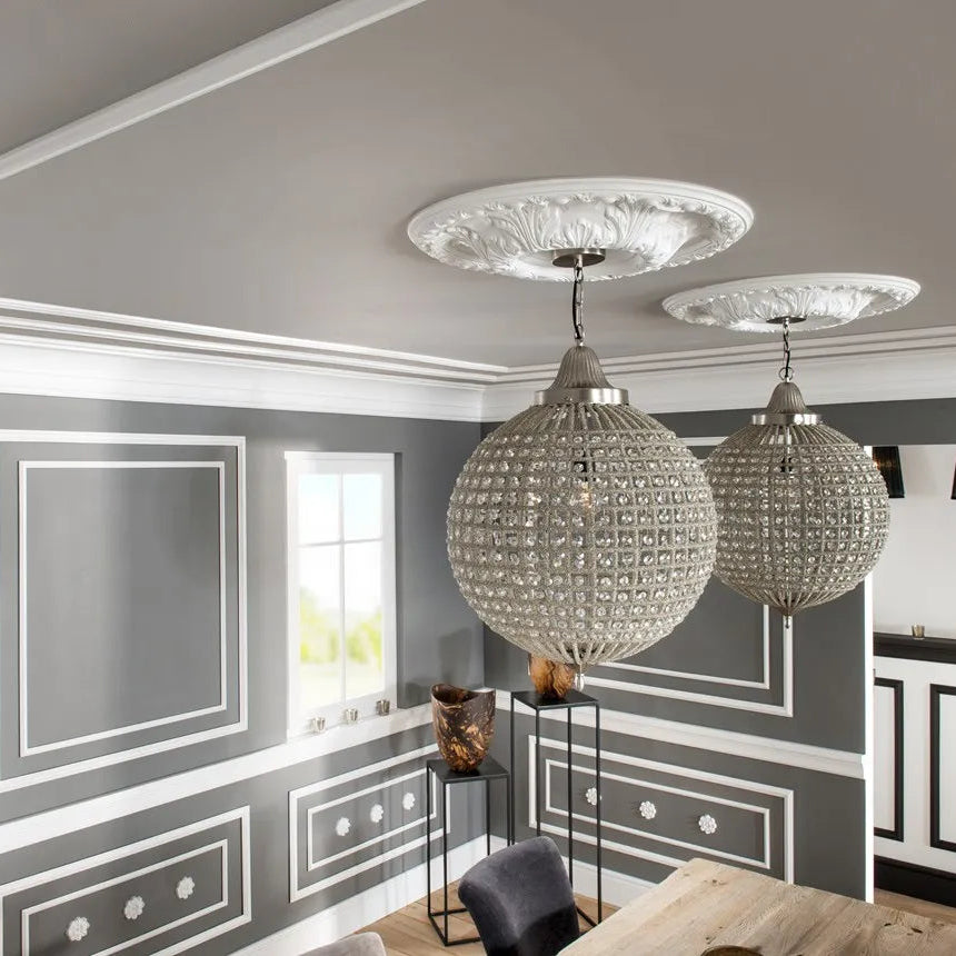 WO1 WALLSTYL decorative mouldings used in an elegant grey interior with classic wall panelling and ceiling details