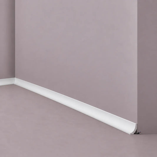 White WT8 WALLSTYL skirting board with compact rounded profile and cable concealment space