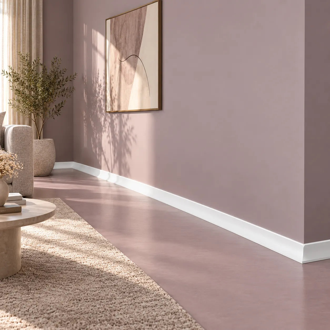 White WT8 WALLSTYL skirting board in a soft neutral modern living room