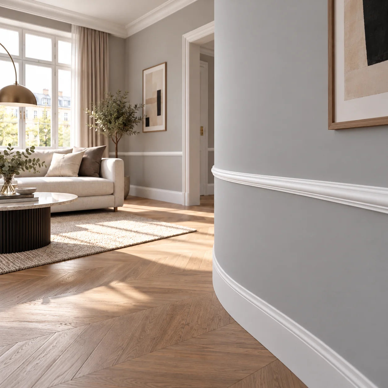 Close-up of Z10 FLEX ARSTYL flexible chair rail following a curved wall in a modern interior