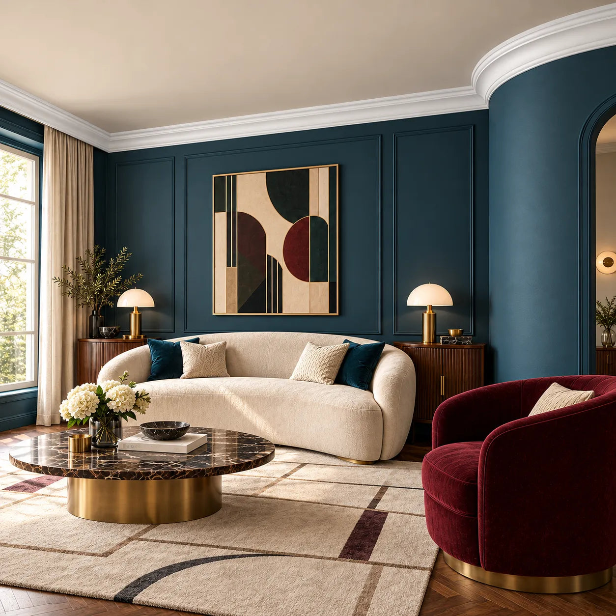 Z1240 FLEX ARSTYL white flexible cornice moulding in an Art Deco living room