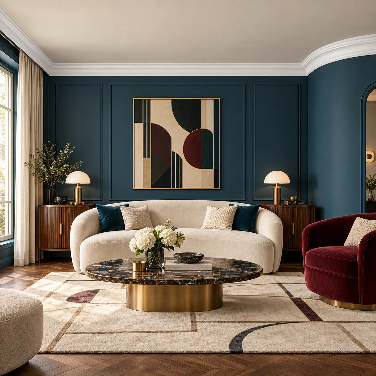 Z1240 FLEX ARSTYL curved ceiling cornice in a luxury blue living room