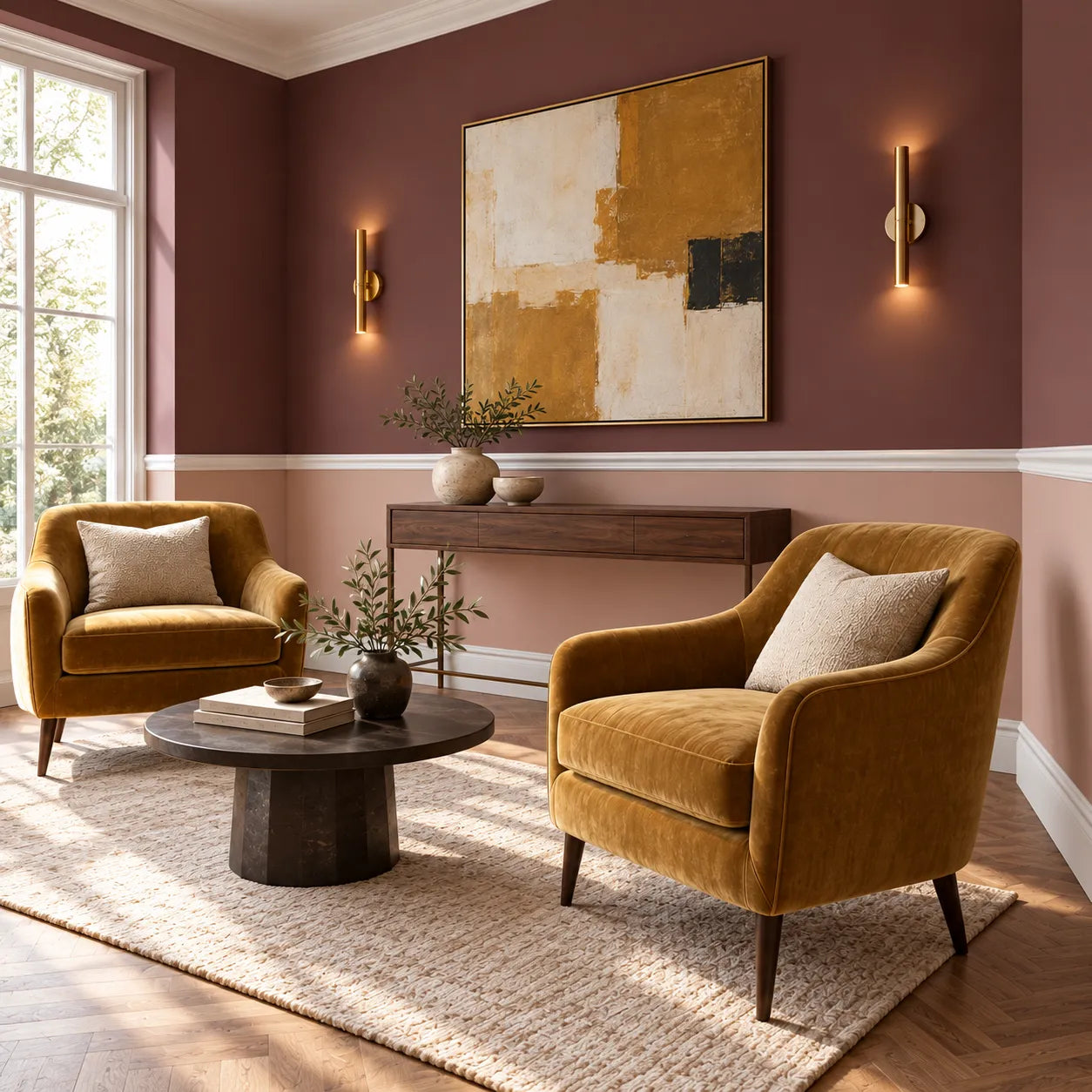Angled view of white Z1360 dado rail in a lounge with blush walls, walnut furniture and mustard armchairs