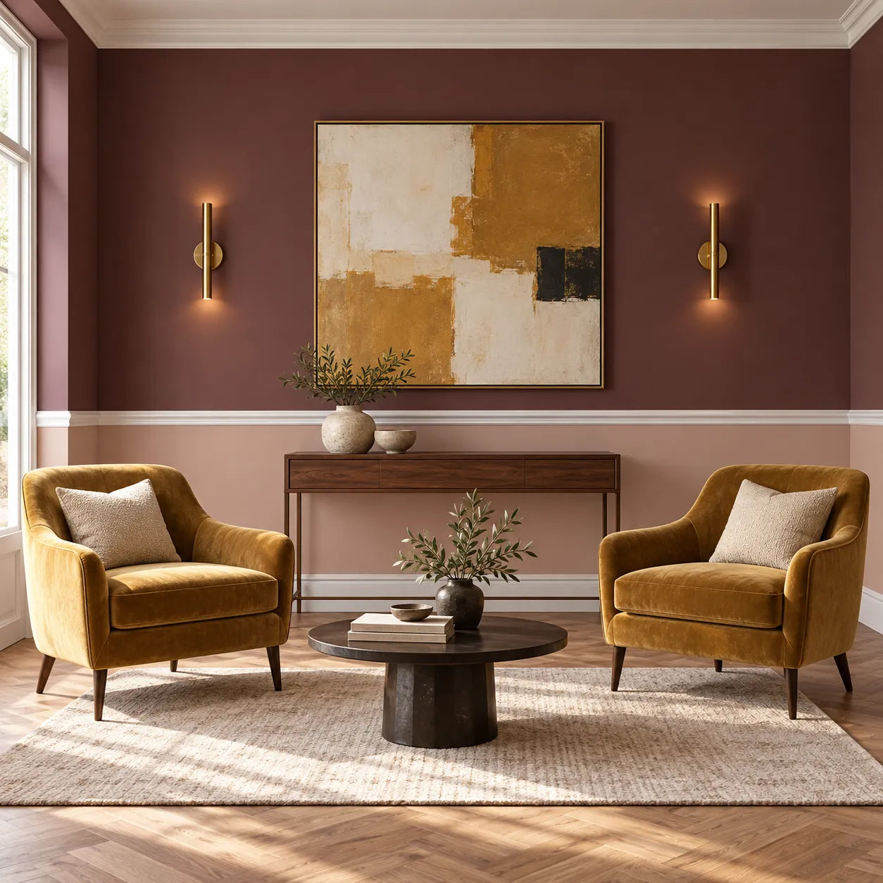 White Z1360 dado rail dividing two-tone walls in an elegant lounge with mustard velvet armchairs