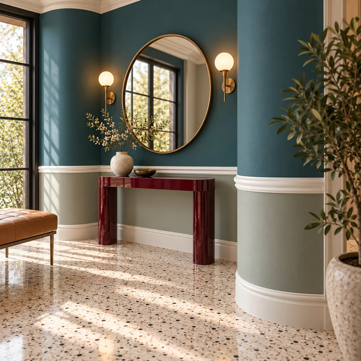 White Z1360 Flex dado rail on curved teal and sage walls in a boutique hotel hallway with a burgundy console