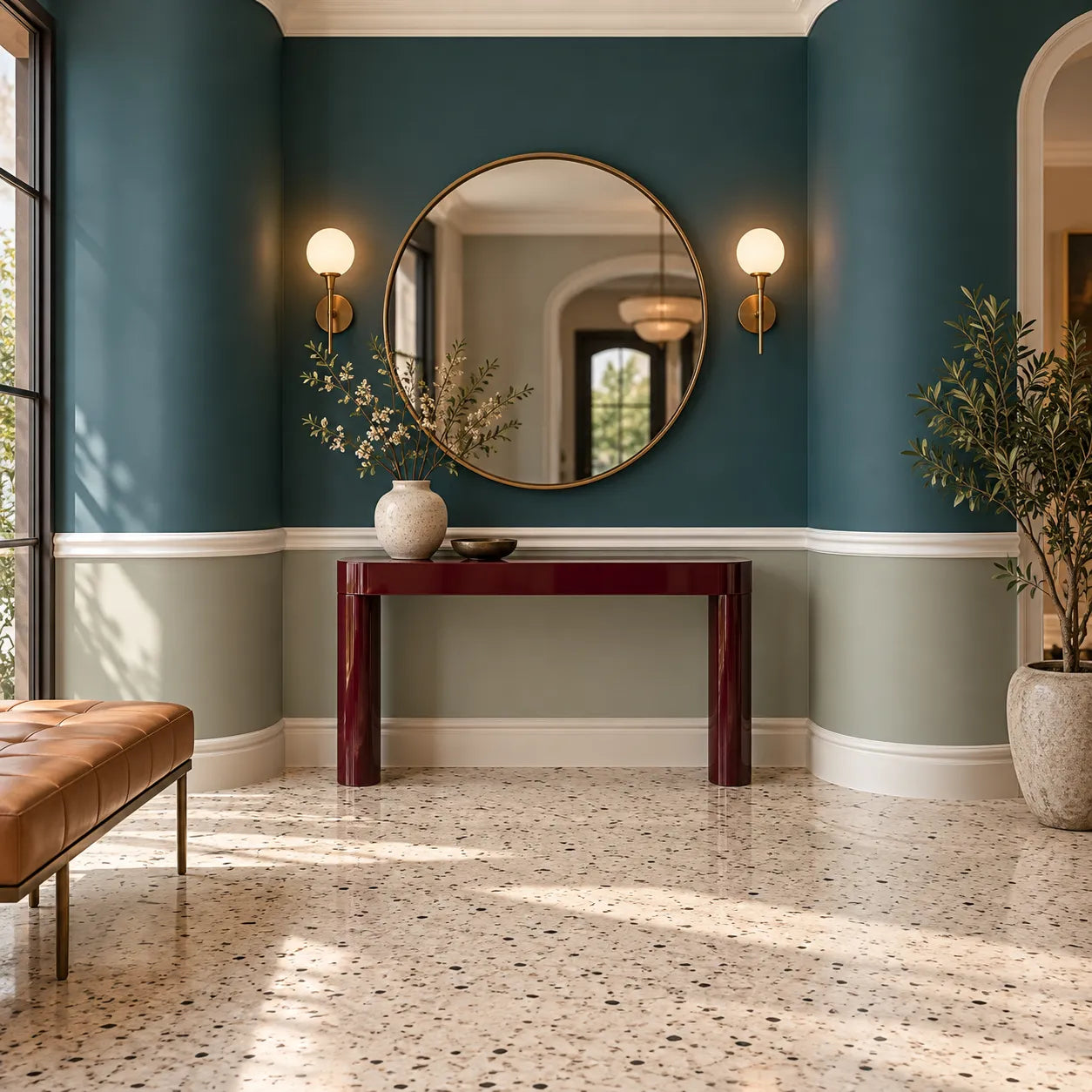 Angled view of Z1360 Flex dado rail wrapping around a curved wall beside a round mirror and burgundy console