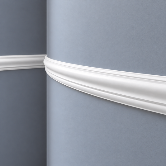 Close-up of white Z13 Flex dado rail following a curved grey wall.