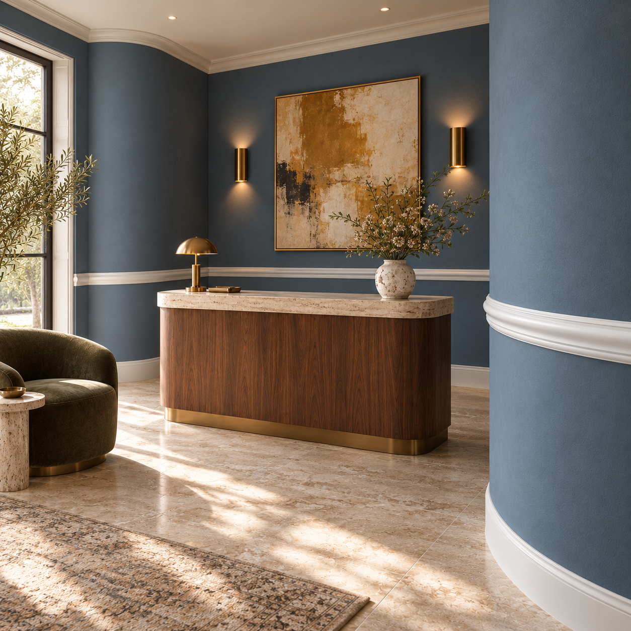 Angled view of a boutique hotel reception with white Z13 Flex dado rail wrapping around curved blue walls.