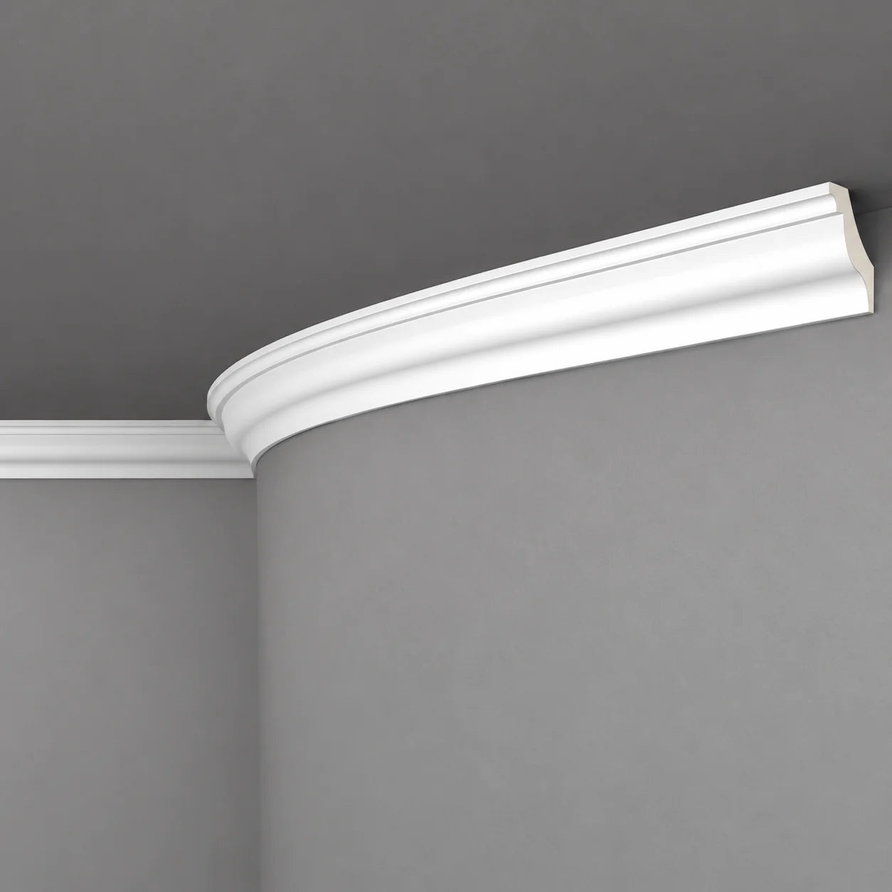 White Z15 FLEX ceiling coving following a curved grey wall