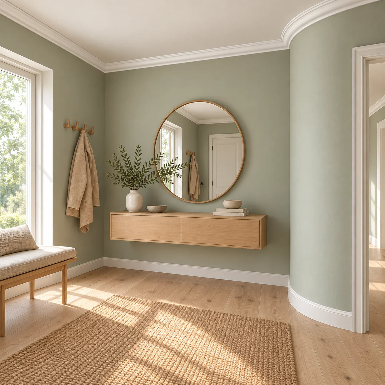Angled view of a Scandinavian hallway with Z15 FLEX ceiling coving around a curved wall.