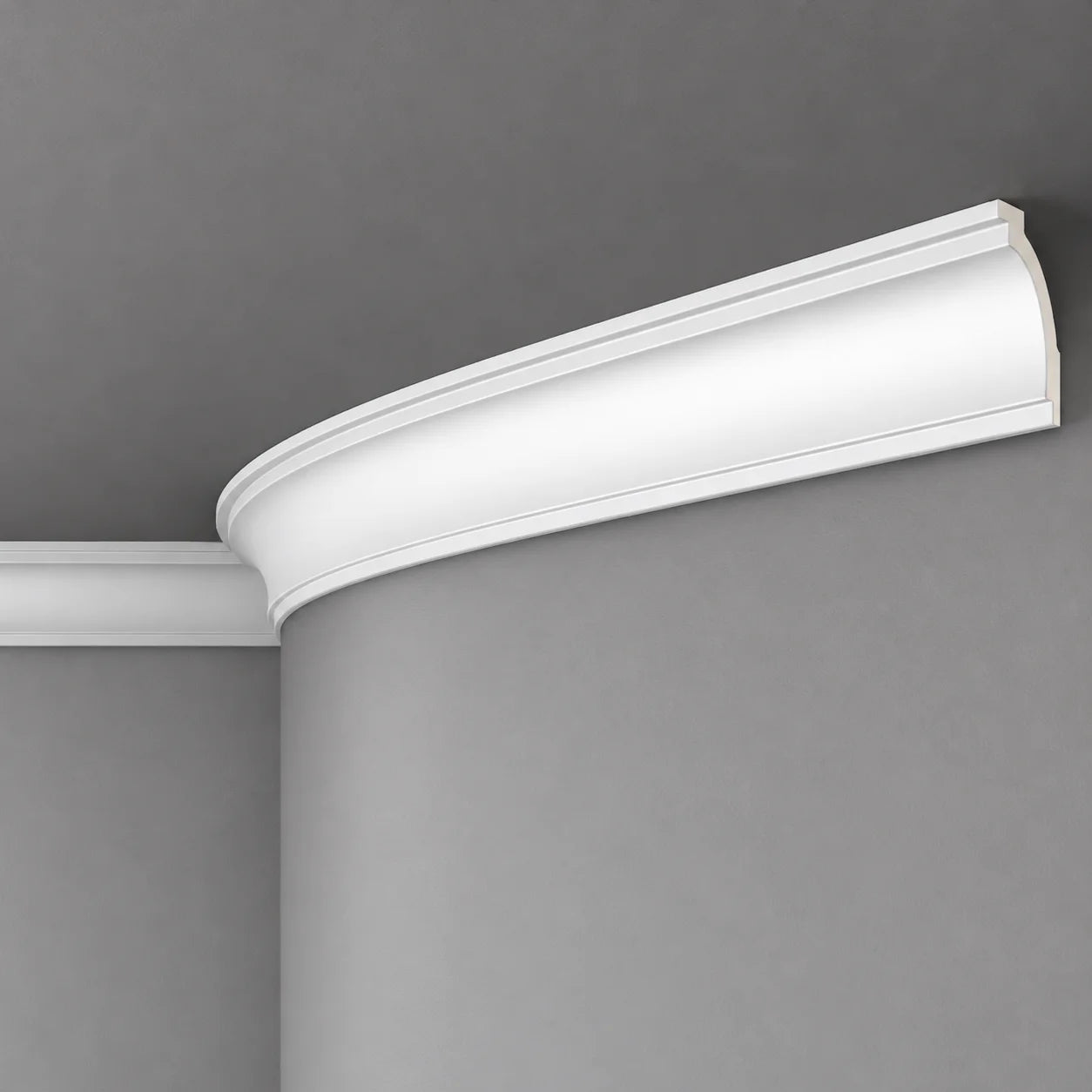 White Z16 FLEX ceiling coving following a curved grey wall.
