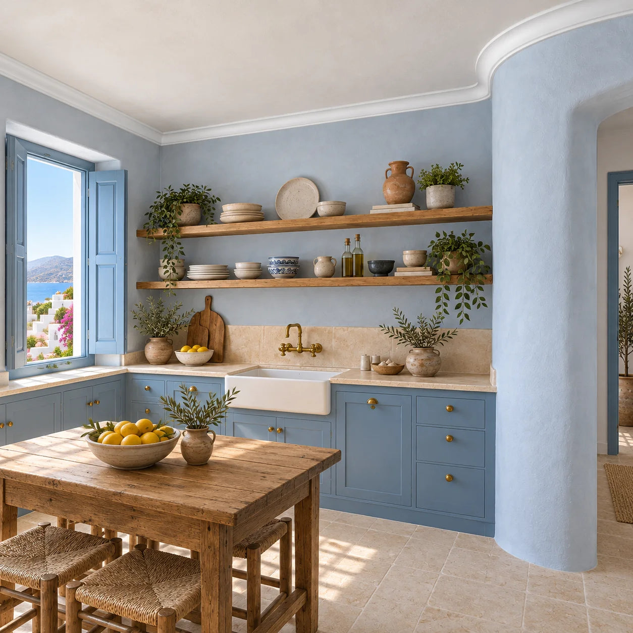 Angled view of a Greek-style kitchen with Z16 FLEX ceiling coving around a curved pale blue wall.