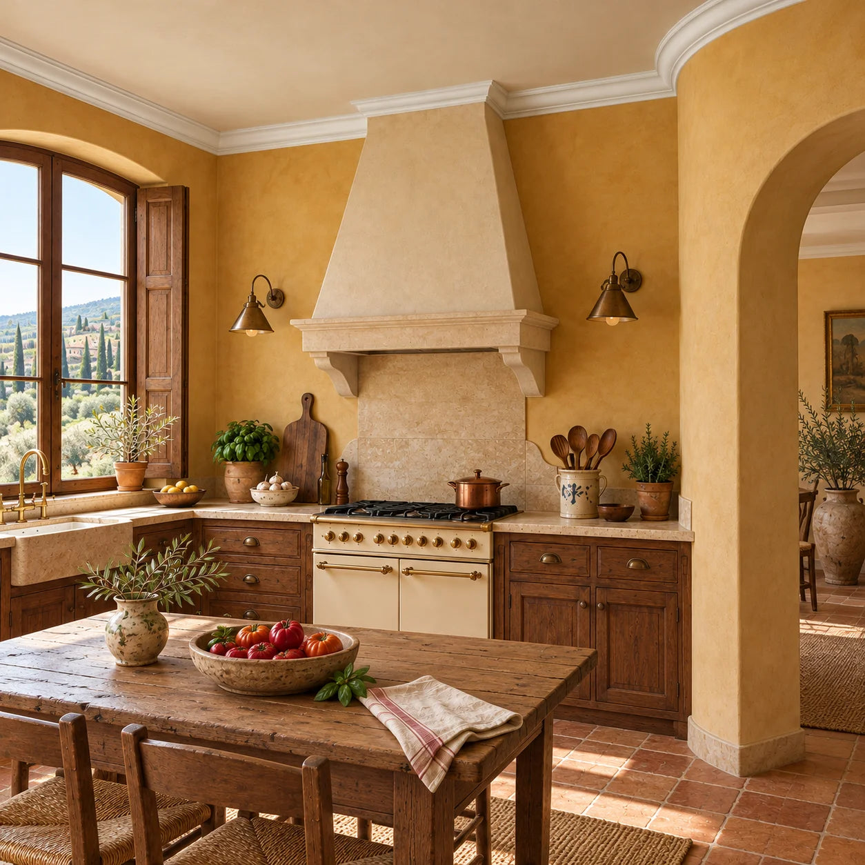 Angled view of a Tuscan kitchen with Z19 FLEX ceiling coving around a curved ochre wall