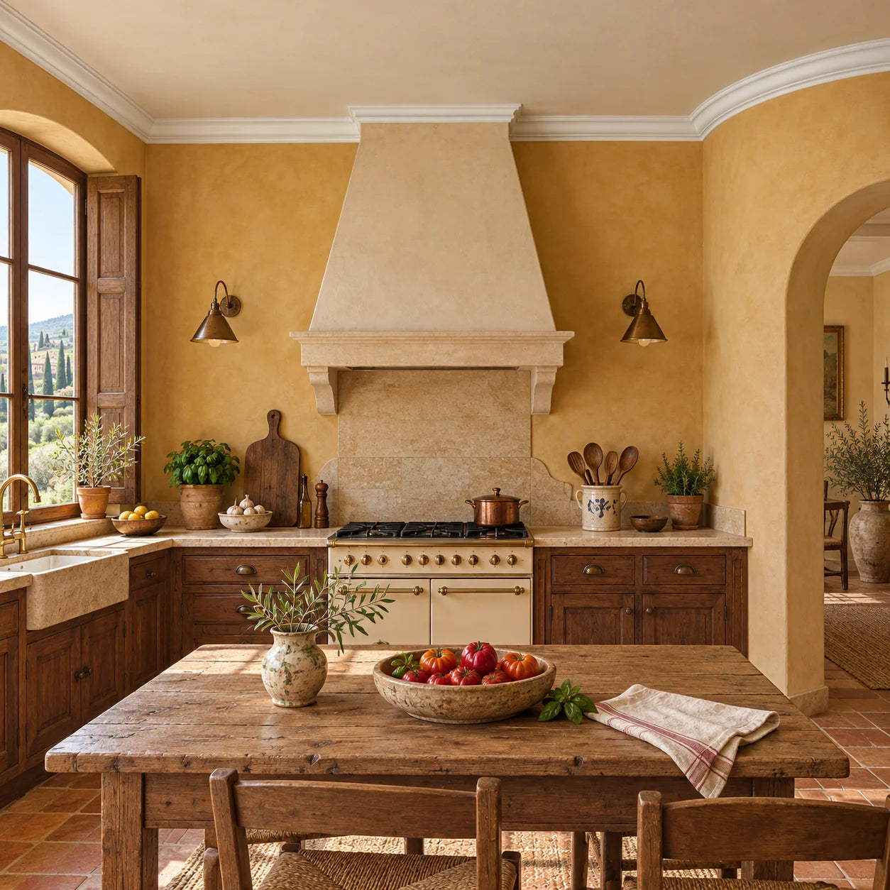 Tuscan villa kitchen with Z19 FLEX ceiling coving, ochre walls and walnut cabinets, front view