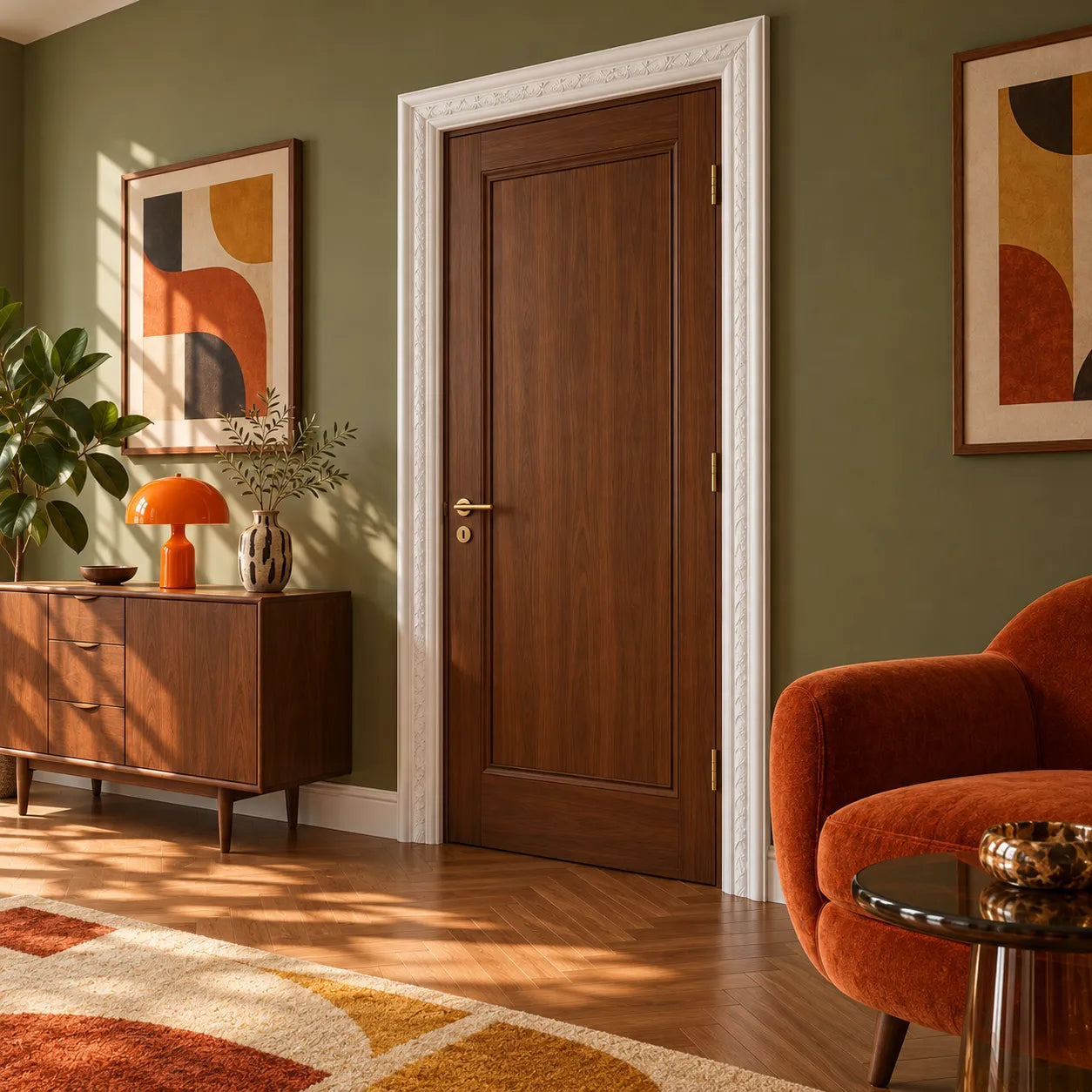 Angled view of white Z30 door moulding in a retro interior with walnut furniture and an orange armchair