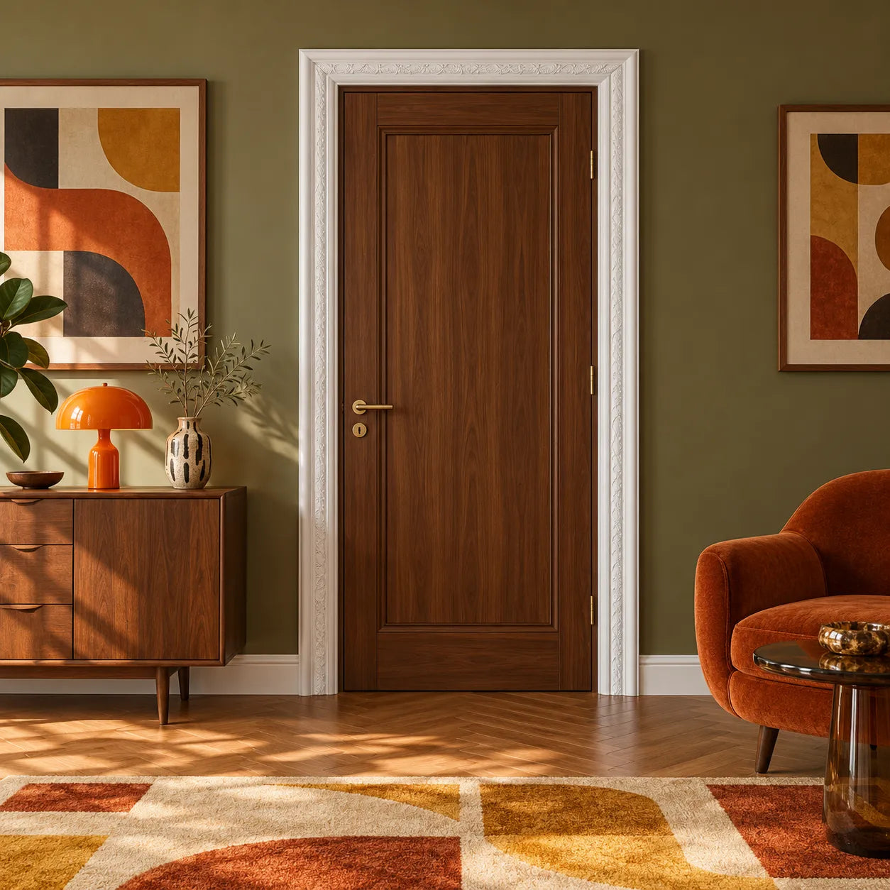 White Z30 decorative door architrave framing a walnut door in a retro room with olive walls