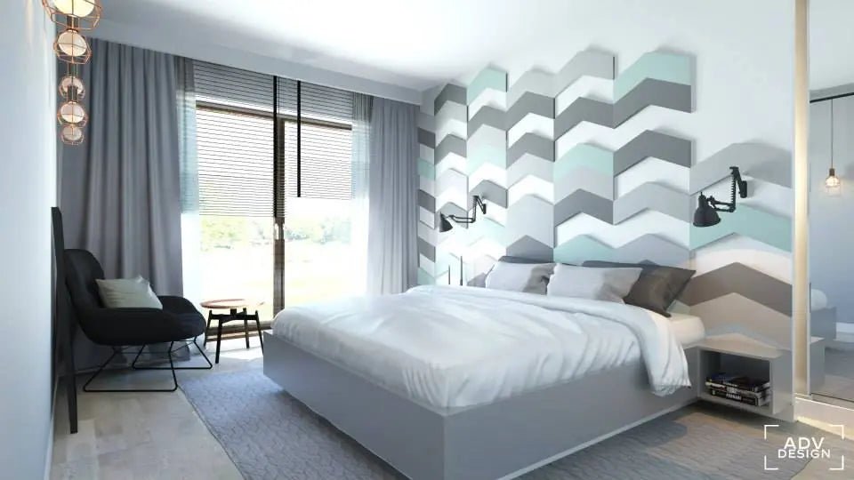 CHEVRON 3D Soft Acoustic Wall Panels in white bedroom interior | DecorMania UK
